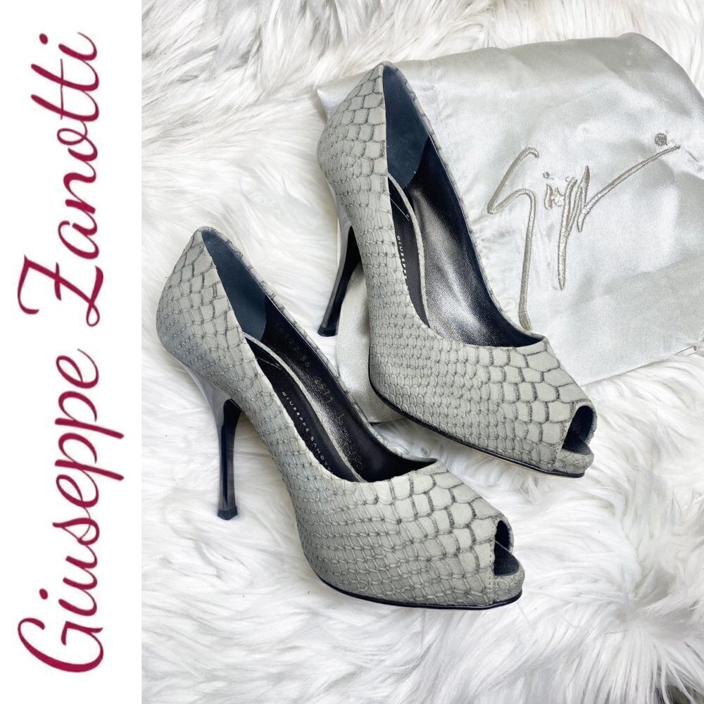 GIUSEPPE ZANOTTI Sloane Snake Print Peep Toe Stiletto Platform Heels Gray, 36
